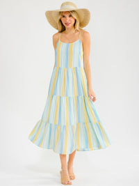 WOMEN'S SLEEVELESS FRONT POCKETS TIERED COLOR BLOCK STRIPES MAXI DRESS