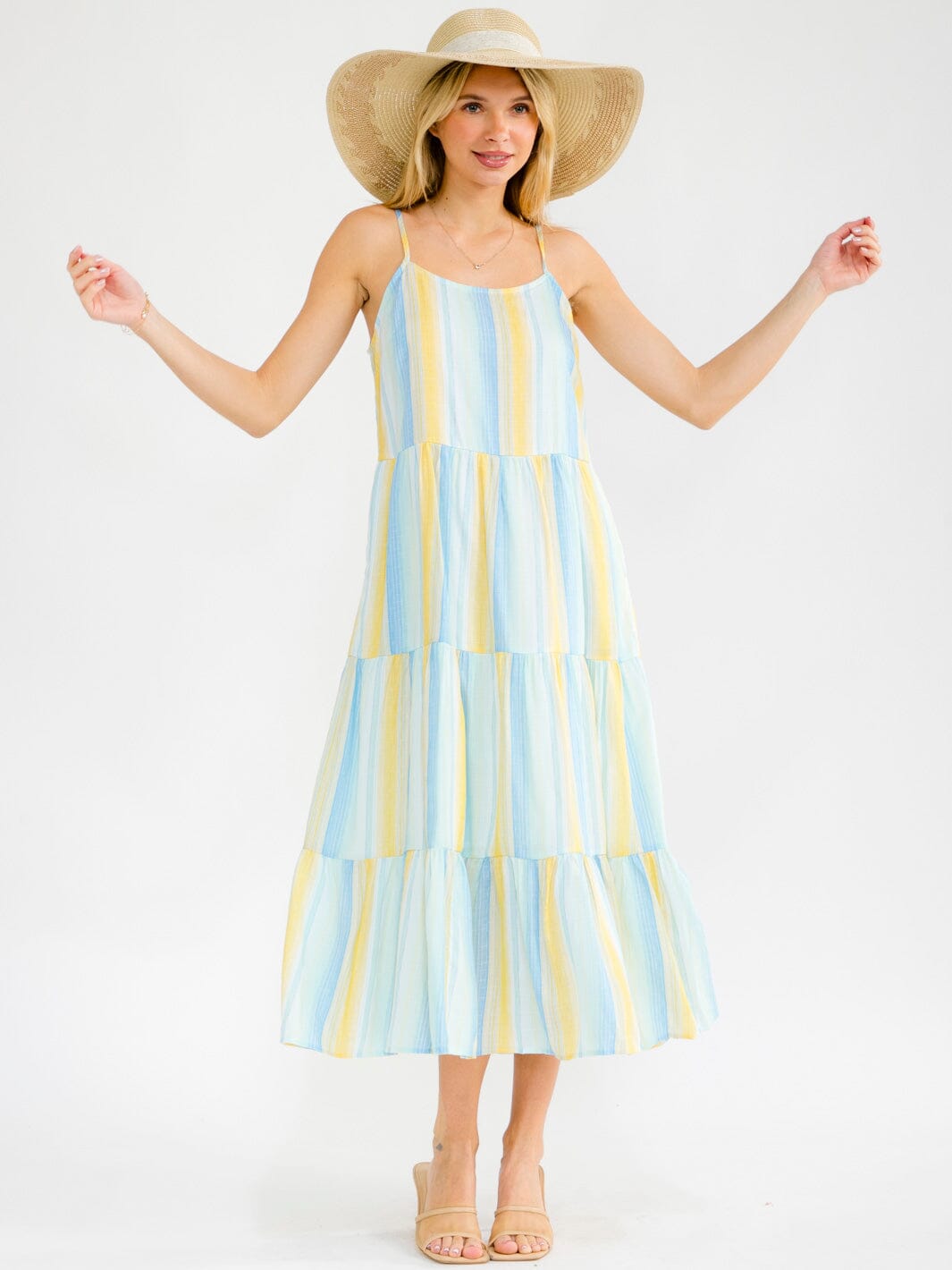 WOMEN'S SLEEVELESS FRONT POCKETS TIERED COLOR BLOCK STRIPES MAXI DRESS