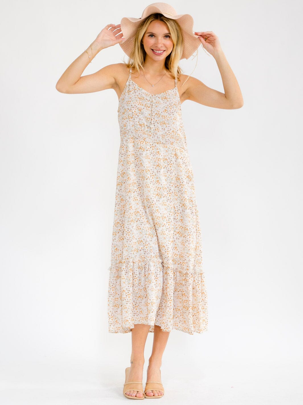 WOMEN'S SLEEVELESS BUTTON UP FRONT POCKETS TIERED FLORAL MAXI DRESS