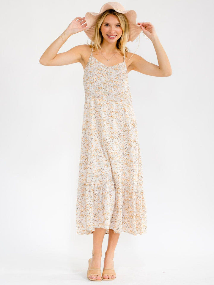 WOMEN'S SLEEVELESS BUTTON UP FRONT POCKETS TIERED FLORAL MAXI DRESS