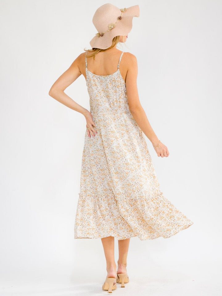 WOMEN'S SLEEVELESS BUTTON UP FRONT POCKETS TIERED FLORAL MAXI DRESS