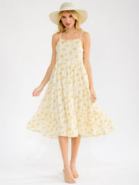 WOMEN'S SLEEVELESS OPEN BACK POCKETS TIERED FLORAL MIDI DRESS