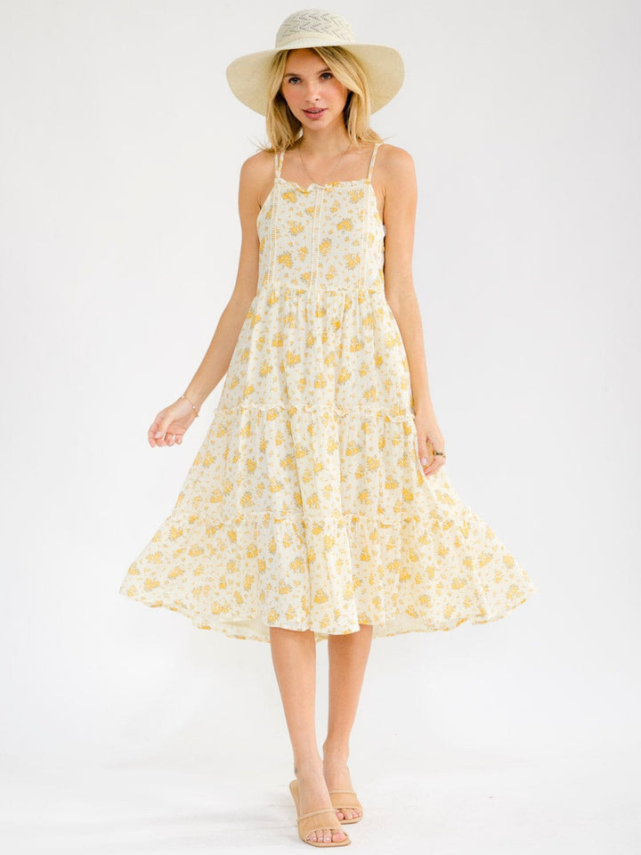 WOMEN'S SLEEVELESS OPEN BACK POCKETS TIERED FLORAL MIDI DRESS