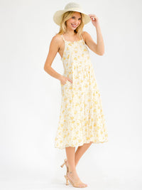 WOMEN'S SLEEVELESS OPEN BACK POCKETS TIERED FLORAL MIDI DRESS