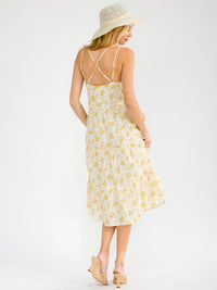 WOMEN'S SLEEVELESS OPEN BACK POCKETS TIERED FLORAL MIDI DRESS