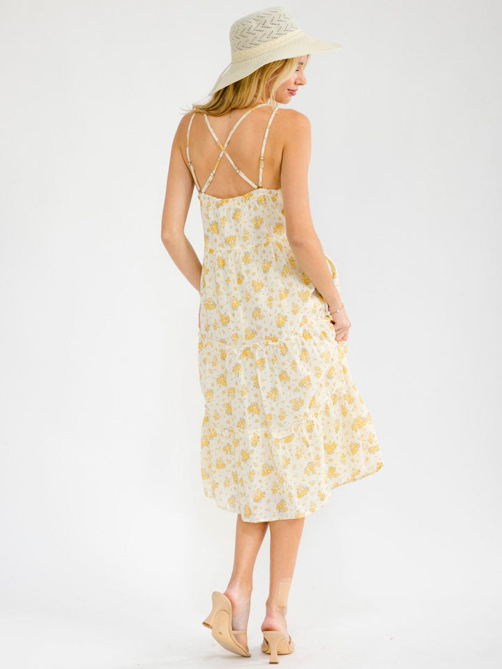 WOMEN'S SLEEVELESS OPEN BACK POCKETS TIERED FLORAL MIDI DRESS