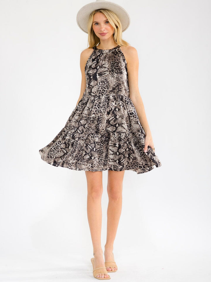 WOMEN'S SLEEVELESS HALTER NECK TIERED ANIMAL PRINT MINI DRESS
