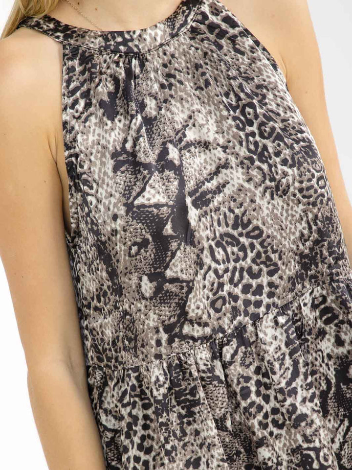 WOMEN'S SLEEVELESS HALTER NECK TIERED ANIMAL PRINT MINI DRESS