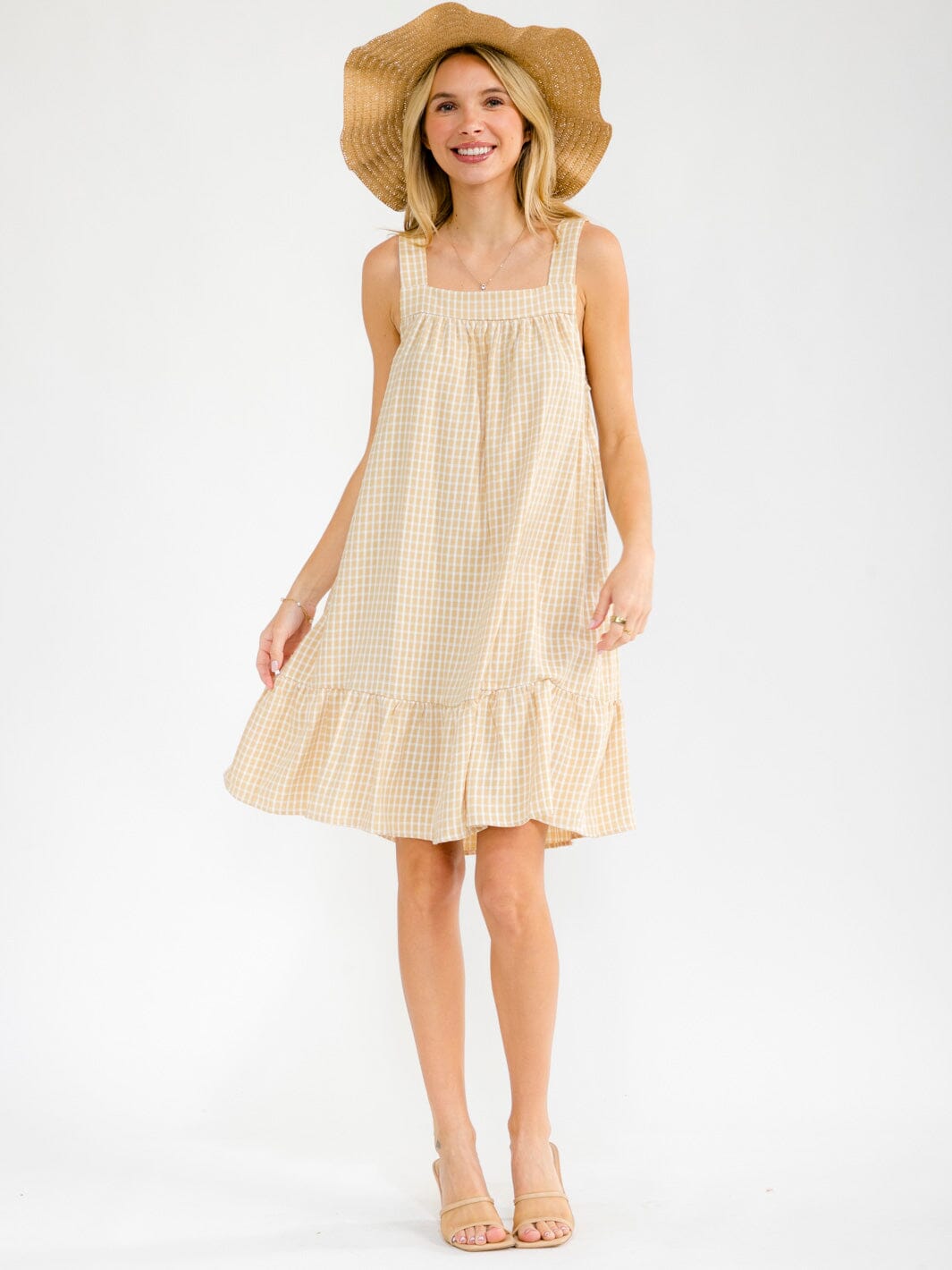 WOMEN'S SLEEVELESS SQUARE NECK FRONT POCKETS PLAID TUNIC MINI DRESS