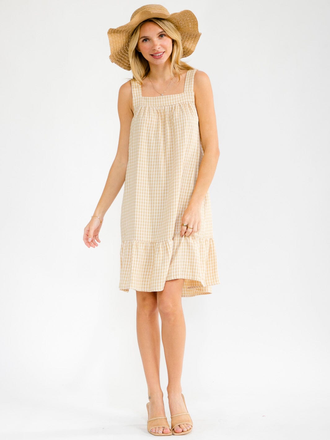 WOMEN'S SLEEVELESS SQUARE NECK FRONT POCKETS PLAID TUNIC MINI DRESS