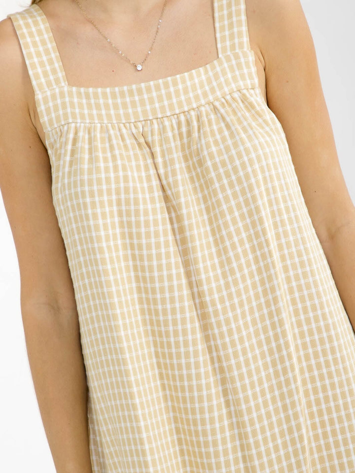 WOMEN'S SLEEVELESS SQUARE NECK FRONT POCKETS PLAID TUNIC MINI DRESS