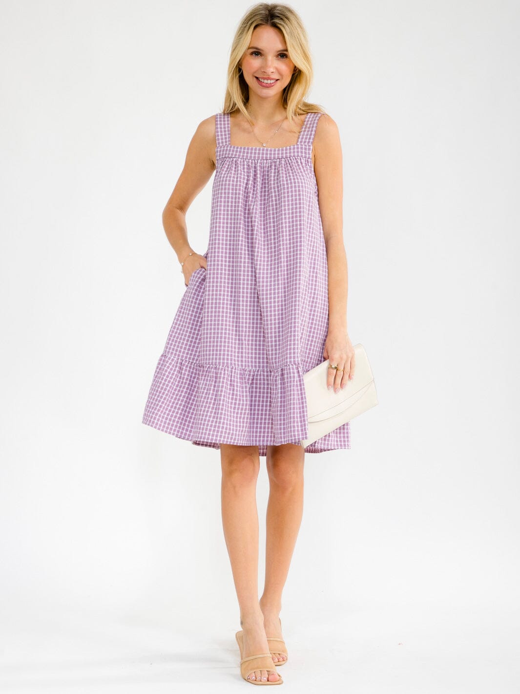 WOMEN'S SLEEVELESS SQUARE NECK FRONT POCKETS PLAID TUNIC MINI DRESS