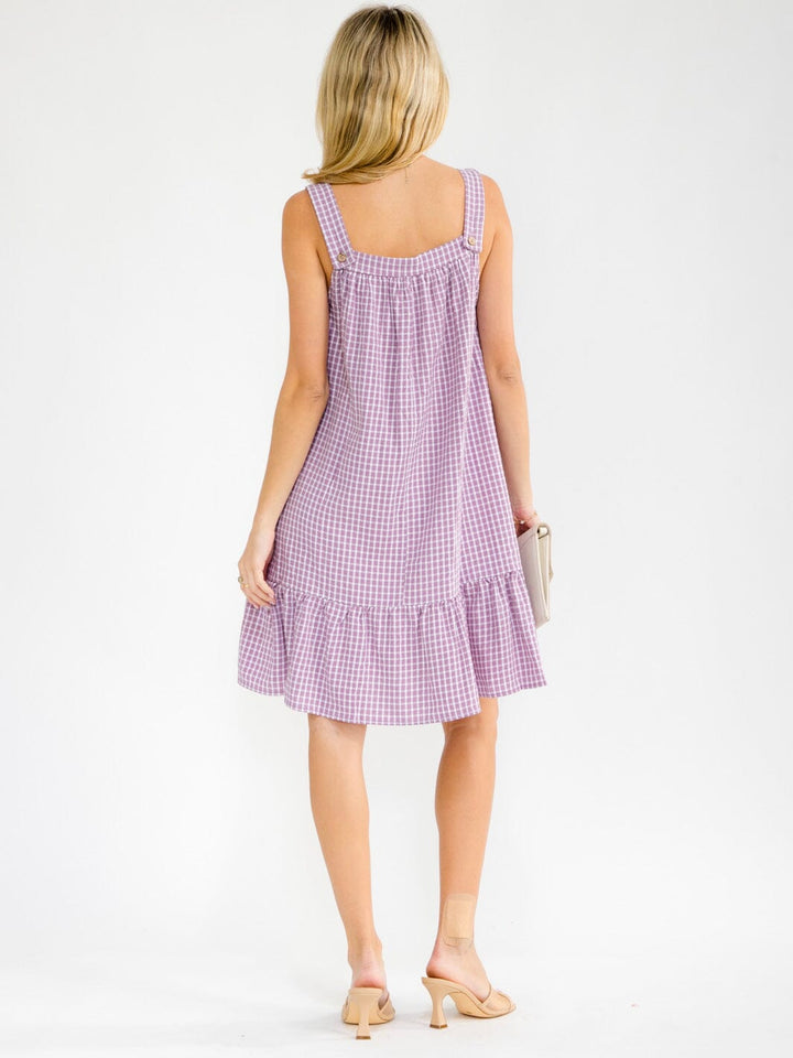 WOMEN'S SLEEVELESS SQUARE NECK FRONT POCKETS PLAID TUNIC MINI DRESS