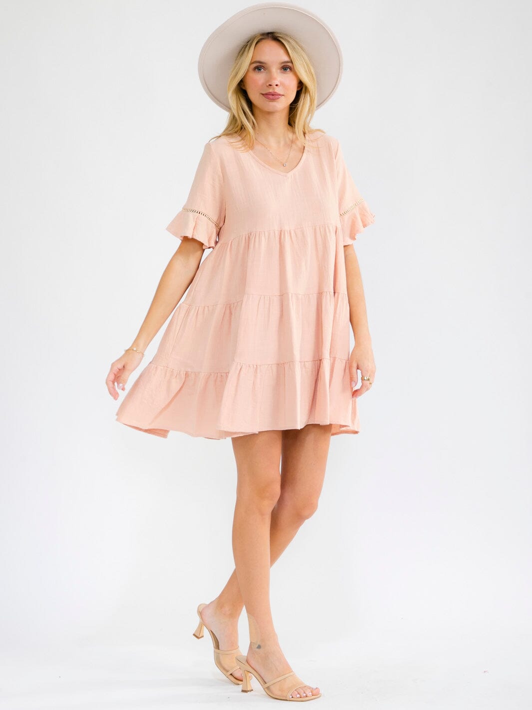 WOMEN'S SHORT SLEEVE V-NECK TIERED LOOSE FIT TUNIC MINI DRESS