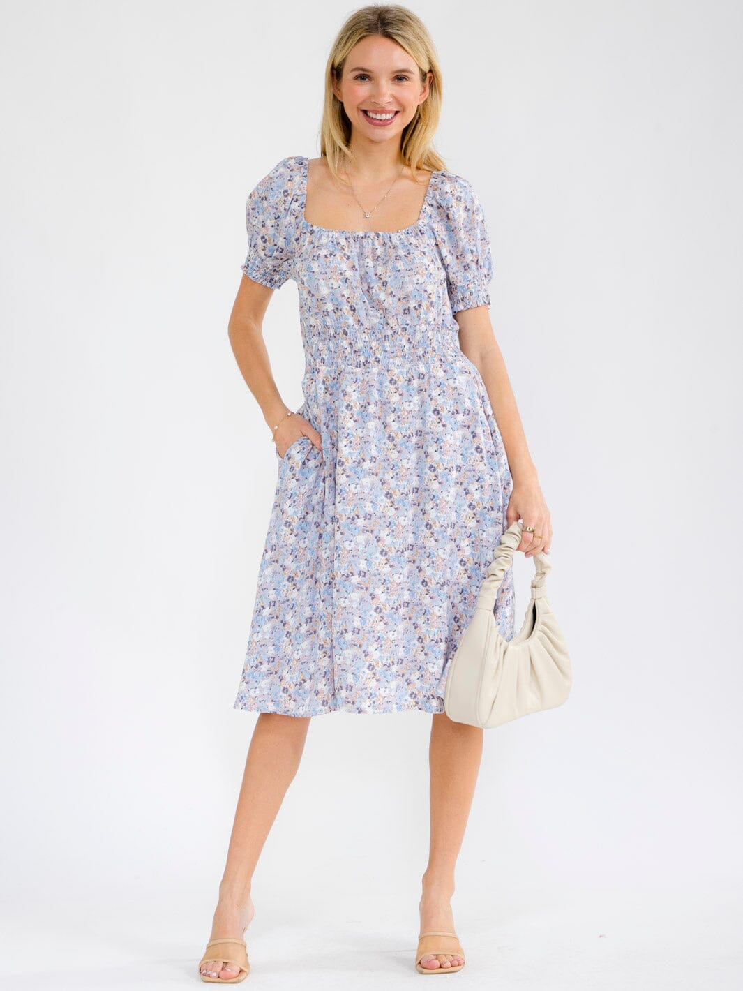 WOMEN'S SHORT SLEEVE FRONT POCKETS SMOCK WAIST FLORAL MIDI DRESS