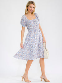 WOMEN'S SHORT SLEEVE FRONT POCKETS SMOCK WAIST FLORAL MIDI DRESS