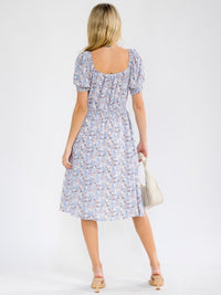 WOMEN'S SHORT SLEEVE FRONT POCKETS SMOCK WAIST FLORAL MIDI DRESS