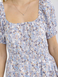 WOMEN'S SHORT SLEEVE FRONT POCKETS SMOCK WAIST FLORAL MIDI DRESS