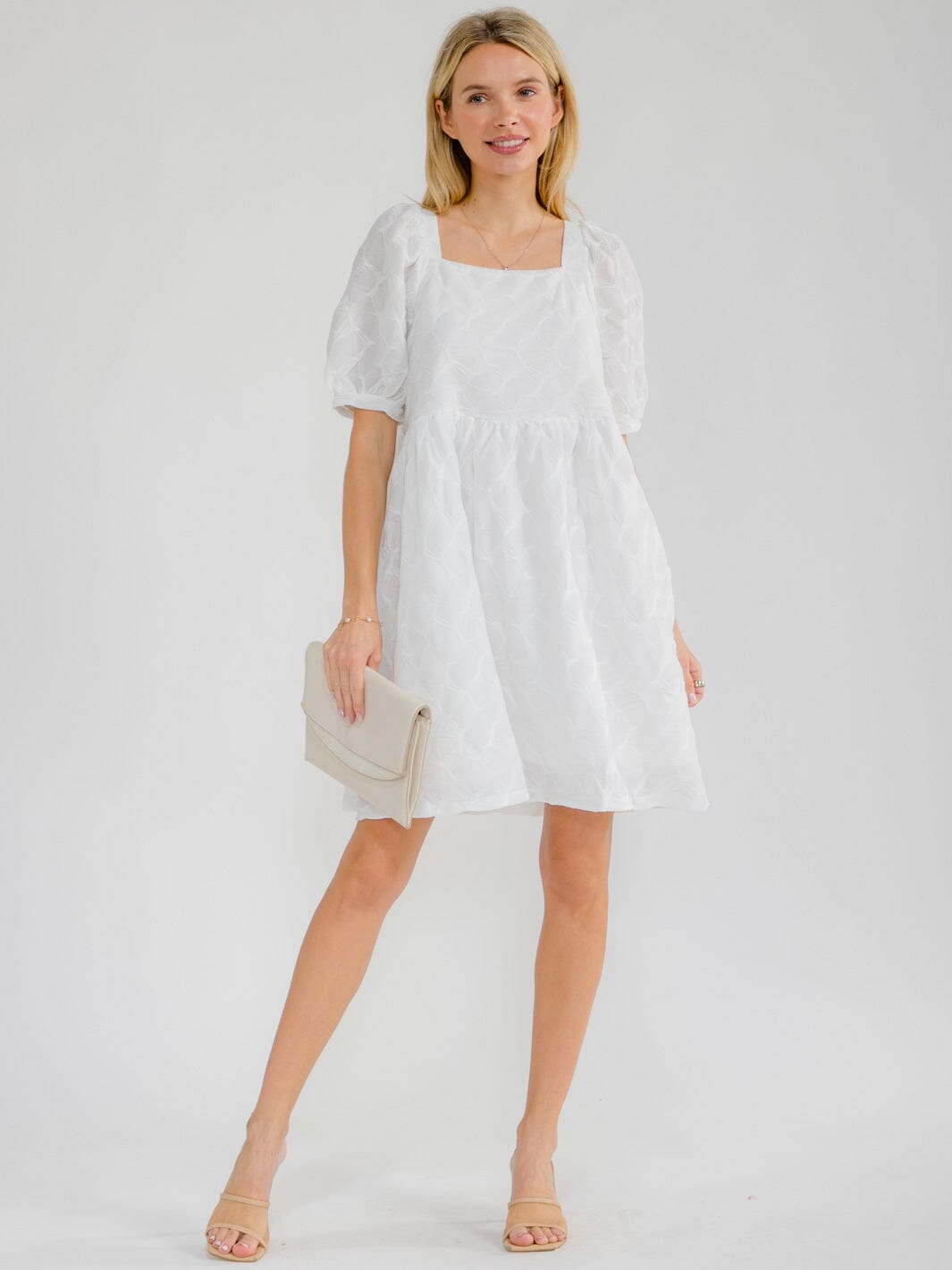 WOMEN'S SHORT SLEEVE SQUARE NECK FRONT POCKETS DETAILED TUNIC MINI DRESS