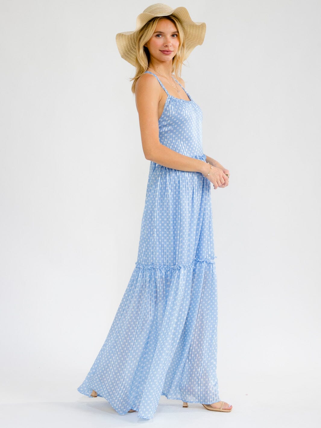 WOMEN'S SLEEVELESS OPEN BACK ELASTIC WAIST TIERED POLKA DOTS MAXI DRESS