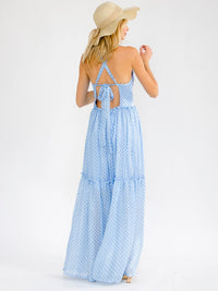 WOMEN'S SLEEVELESS OPEN BACK ELASTIC WAIST TIERED POLKA DOTS MAXI DRESS