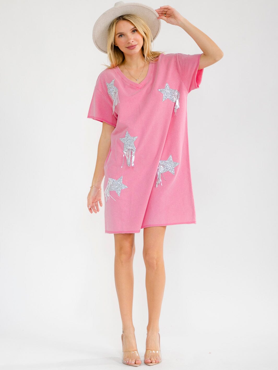 WOMEN'S SHORT SLEEVE V-NECK SEQUINS STARS MINI DRESS