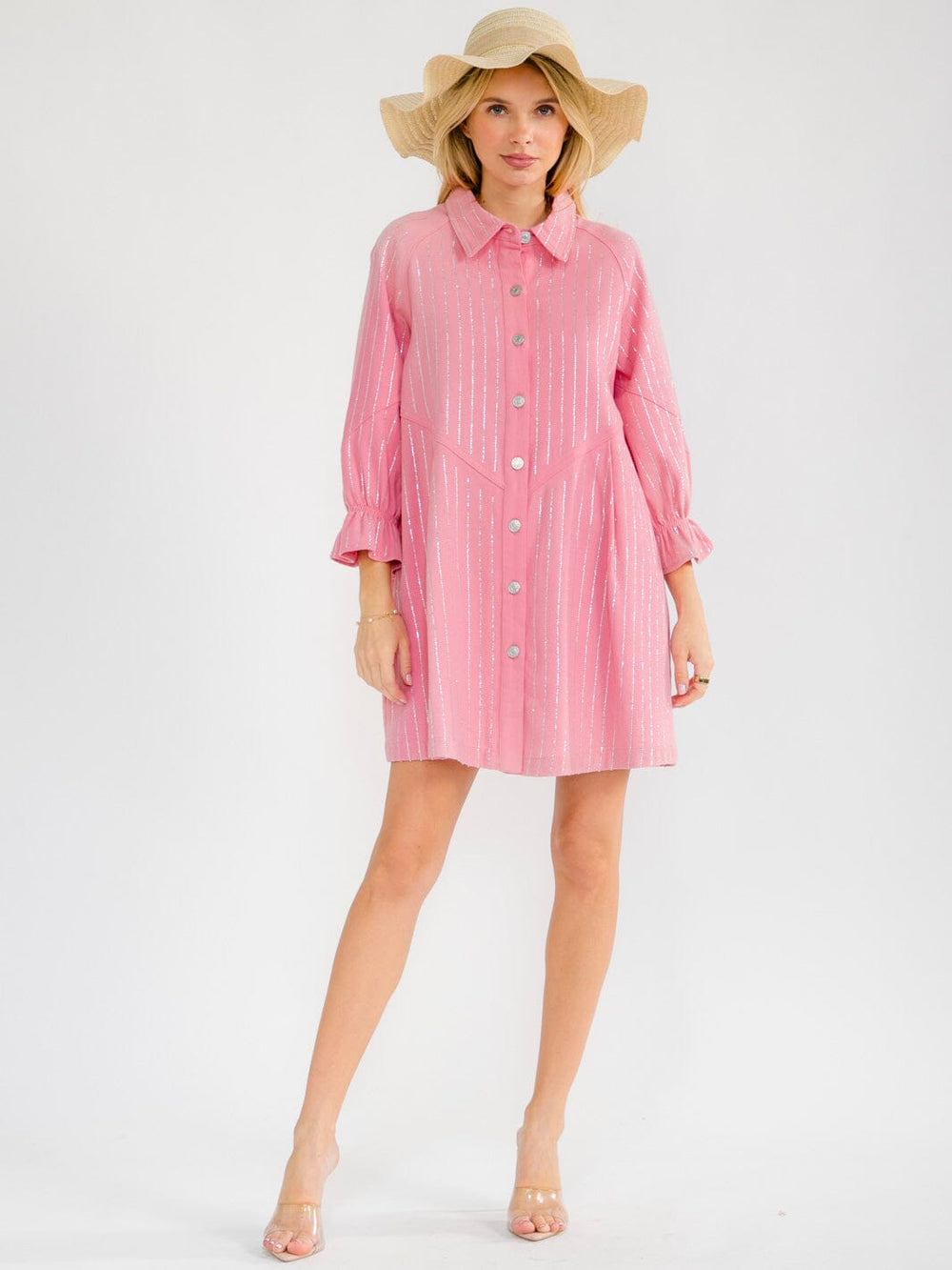 WOMEN'S LONG SLEEVE BUTTON UP RHINESTONES DENIM MINI DRESS