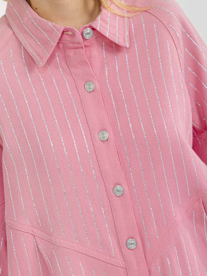 WOMEN'S LONG SLEEVE BUTTON UP RHINESTONES DENIM MINI DRESS