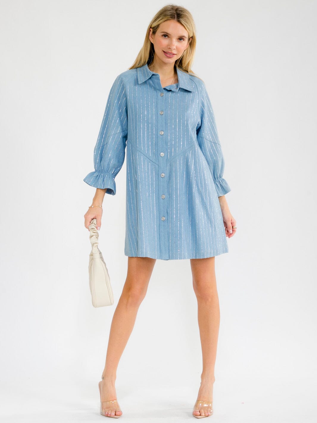 WOMEN'S LONG SLEEVE BUTTON UP RHINESTONES DENIM MINI DRESS