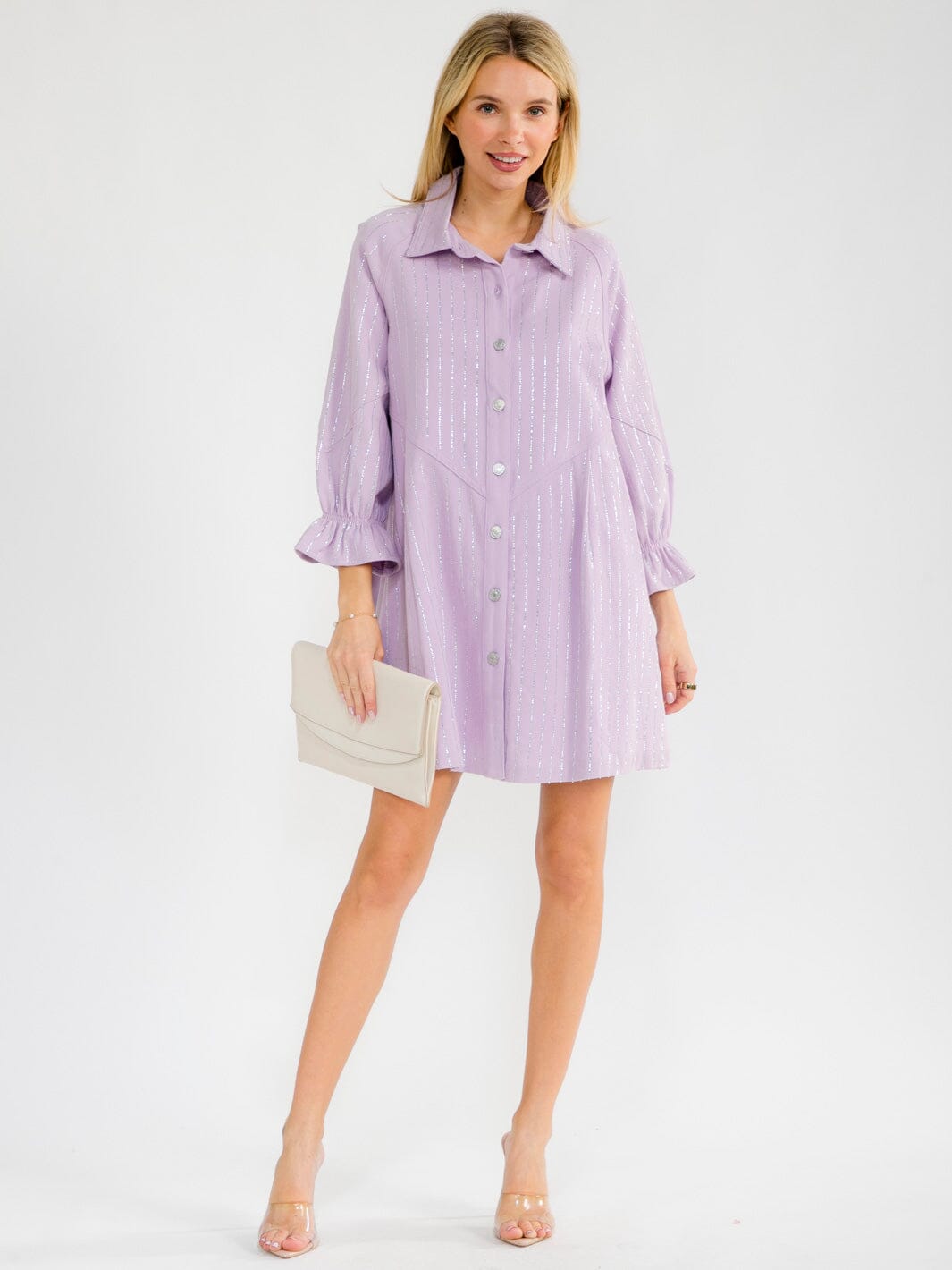 WOMEN'S LONG SLEEVE BUTTON UP RHINESTONES DENIM MINI DRESS LAVENDER / 2S-2M-2L