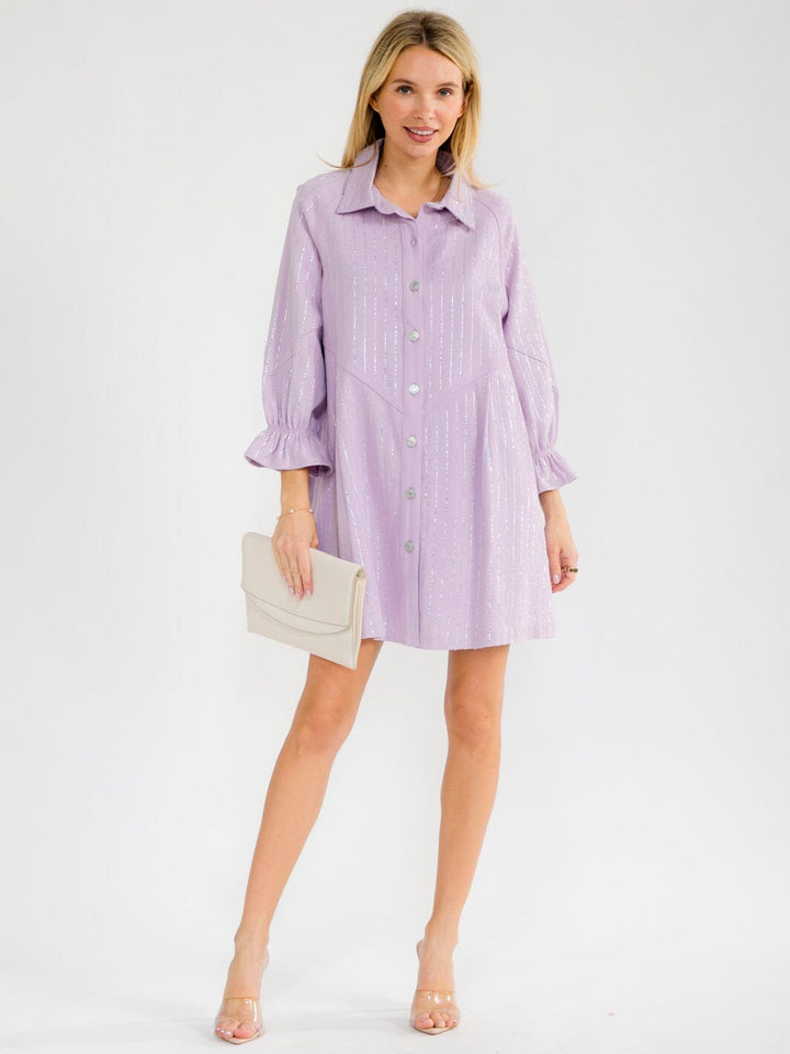 WOMEN'S LONG SLEEVE BUTTON UP RHINESTONES DENIM MINI DRESS