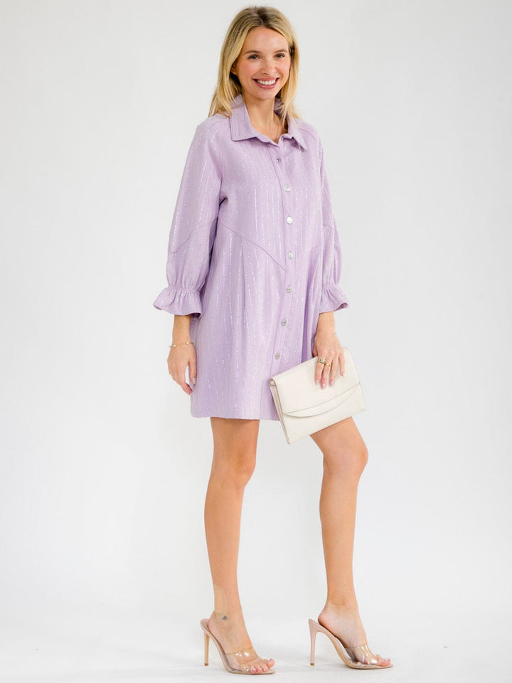 WOMEN'S LONG SLEEVE BUTTON UP RHINESTONES DENIM MINI DRESS