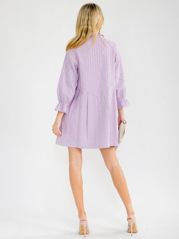 WOMEN'S LONG SLEEVE BUTTON UP RHINESTONES DENIM MINI DRESS