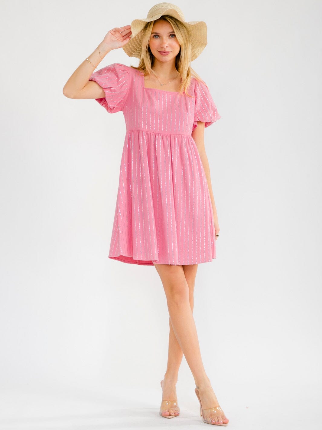 WOMEN'S SHORT PUFF SLEEVE SQUARE NECK RHINESTONES DENIM MINI DRESS