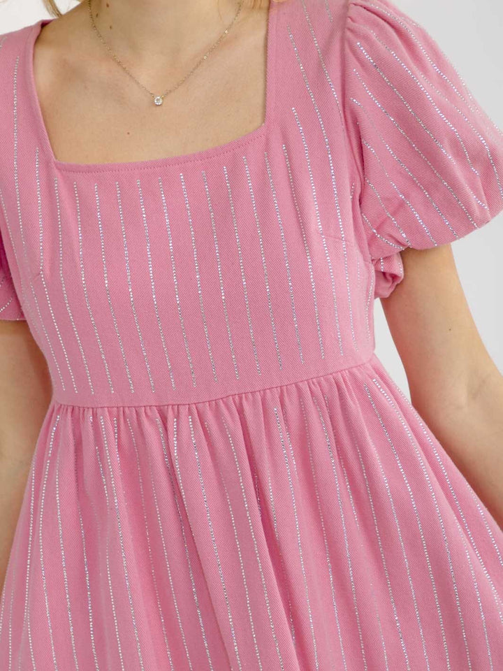 WOMEN'S SHORT PUFF SLEEVE SQUARE NECK RHINESTONES DENIM MINI DRESS