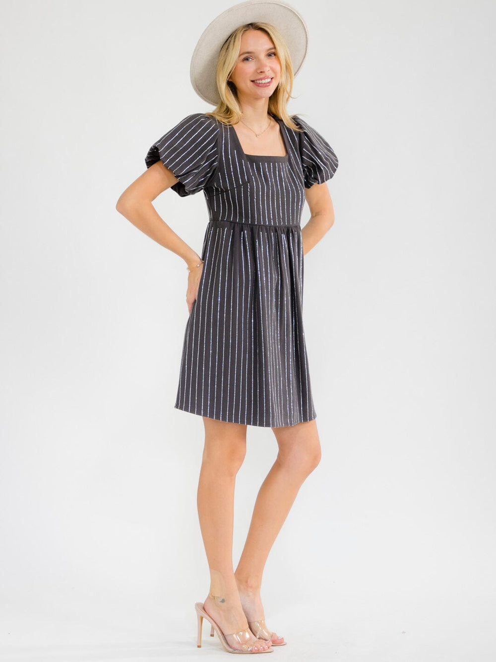 WOMEN'S SHORT PUFF SLEEVE SQUARE NECK RHINESTONES DENIM MINI DRESS