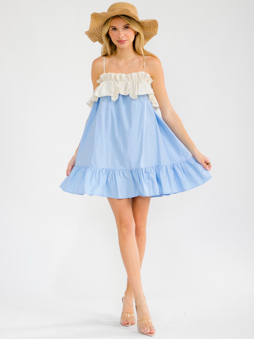 WOMEN'S SLEEVELESS RUFFLE BACK TIE COLORBLOCK MINI DRESS
