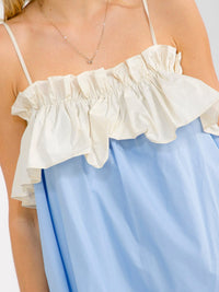 WOMEN'S SLEEVELESS RUFFLE BACK TIE COLORBLOCK MINI DRESS