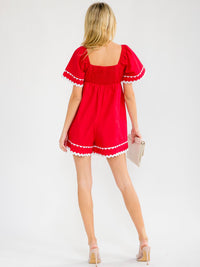 WOMEN'S SHORT SLEEVE SQUARE NECK SMOCK TRIM DETAILED ROMPER