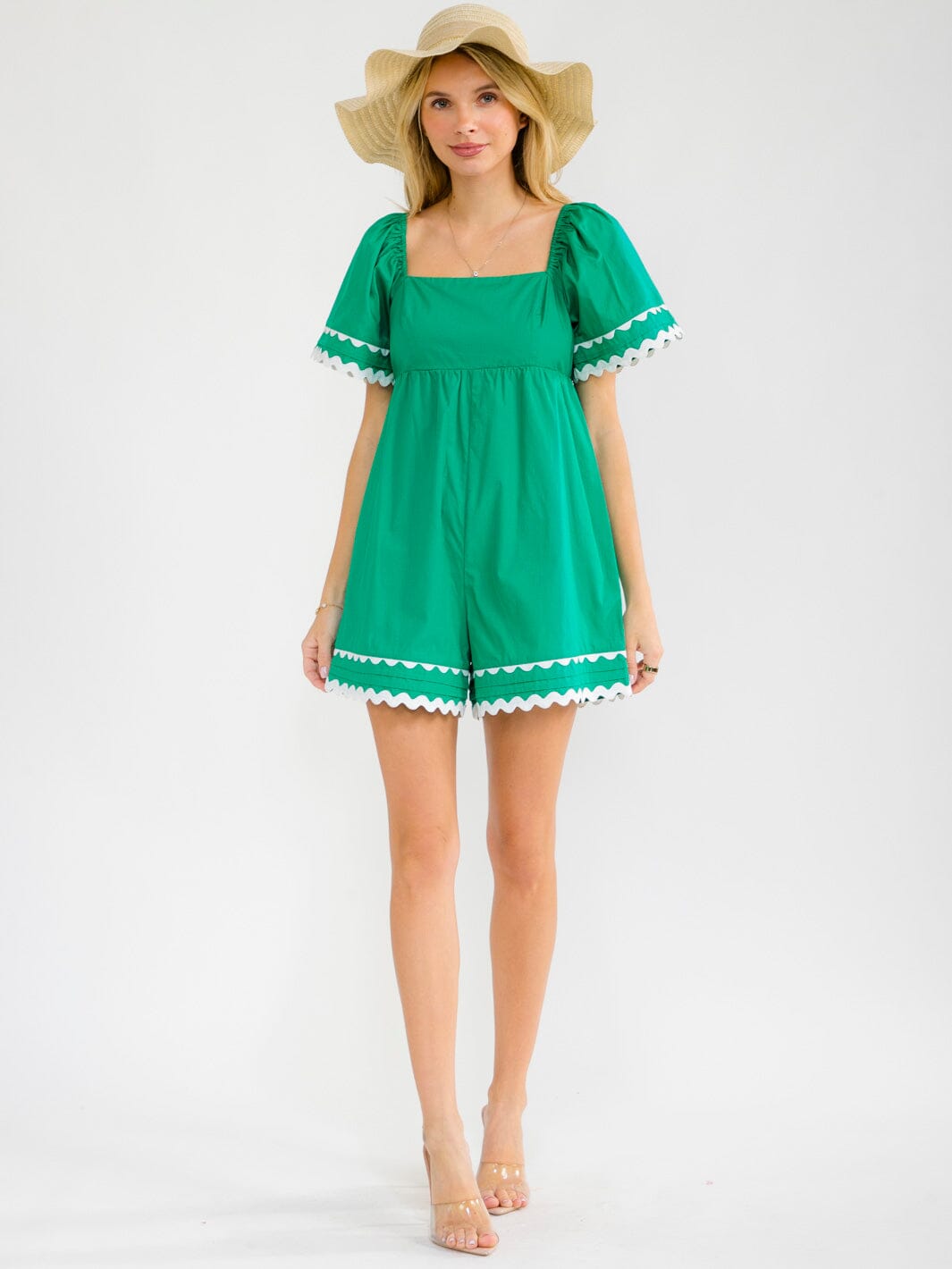 WOMEN'S SHORT SLEEVE SQUARE NECK SMOCK TRIM DETAILED ROMPER