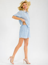 WOMEN'S SHORT SLEEVE BLOUSE & ELASTIC WAIST SHORTS RUCHED DETAILED 2PC. SET