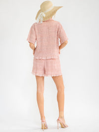 WOMEN'S SHORT SLEEVE BLOUSE & ELASTIC WAIST SHORTS RUCHED DETAILED 2PC. SET