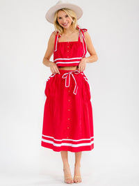 WOMEN'S ELASTIC WAIST BUTTON UP FRONT POCKETS COLORBLOCK MAXI SKIRT