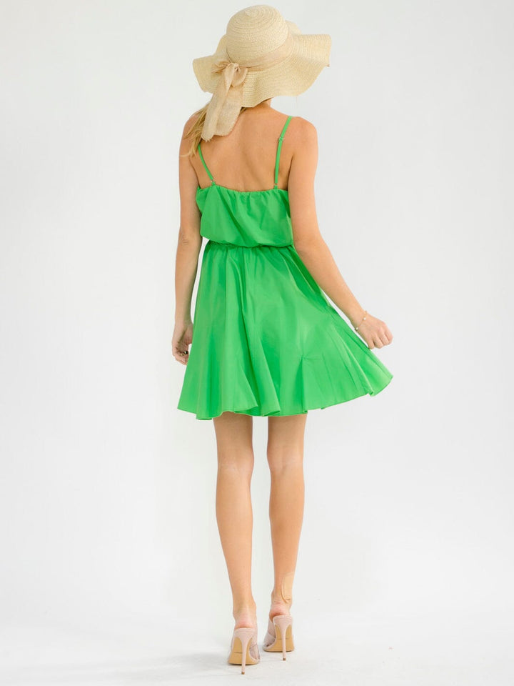 WOMEN'S SLEEVELESS V-NECK ELASTIC WAIST SELF TIE MINI DRESS