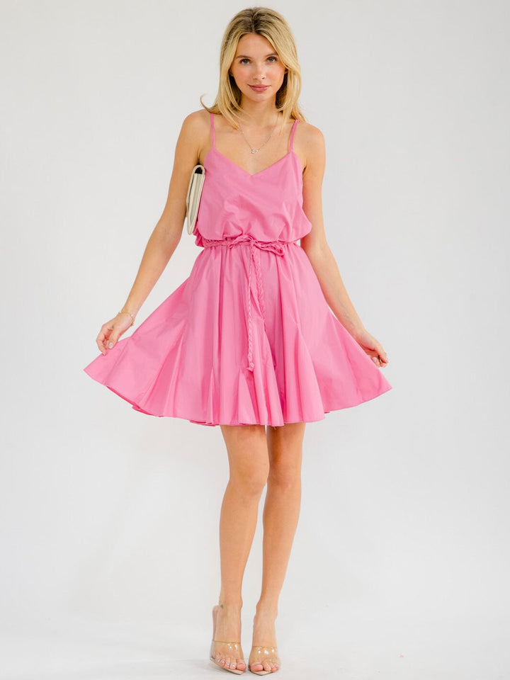 WOMEN'S SLEEVELESS V-NECK ELASTIC WAIST SELF TIE MINI DRESS