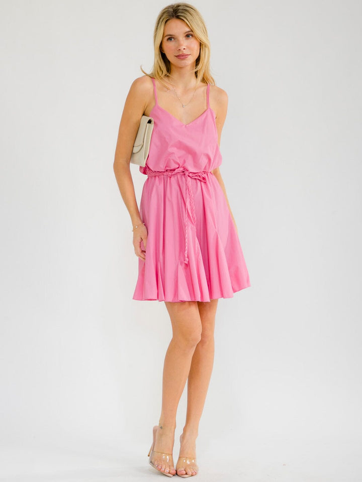 WOMEN'S SLEEVELESS V-NECK ELASTIC WAIST SELF TIE MINI DRESS