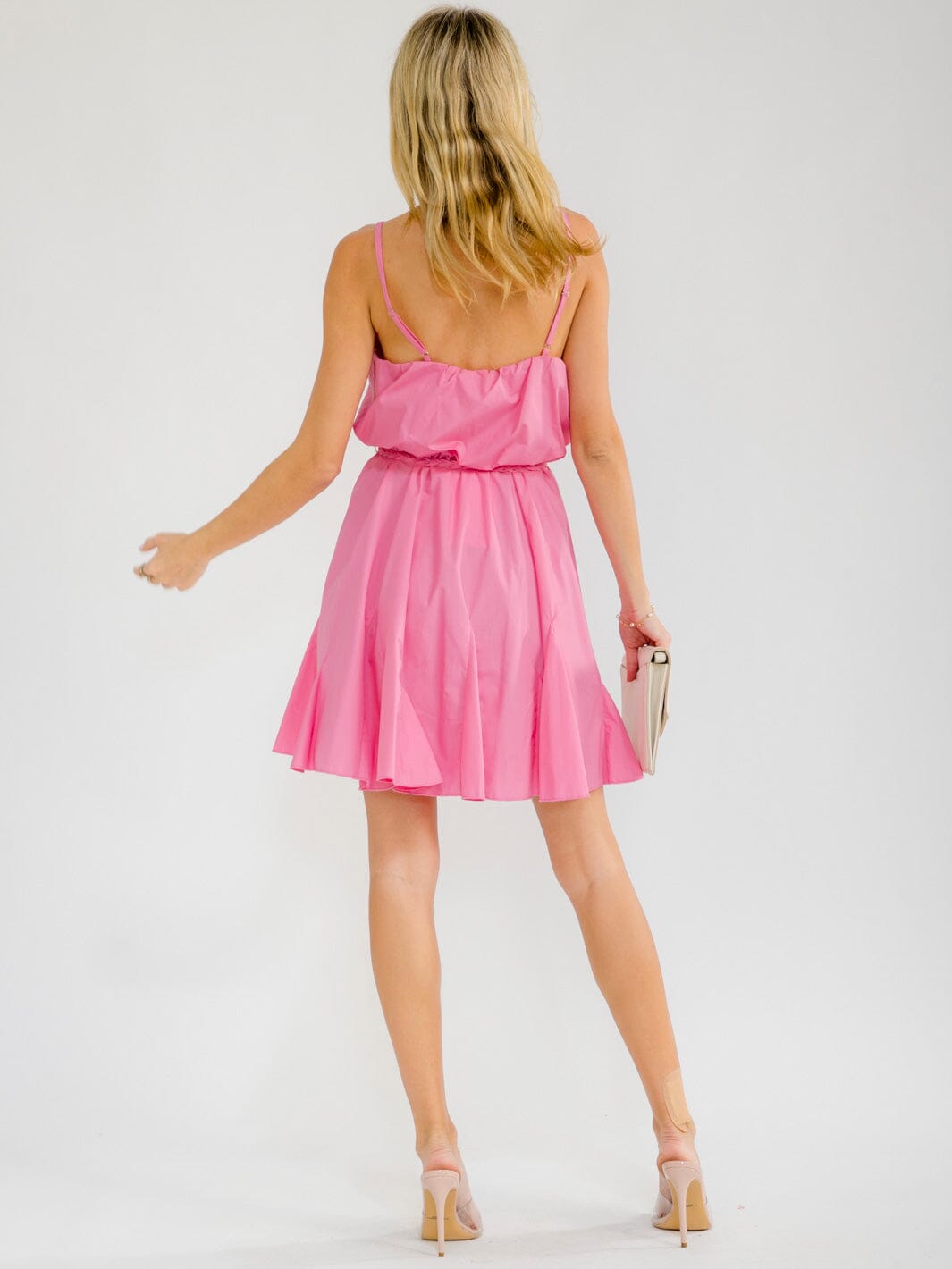 WOMEN'S SLEEVELESS V-NECK ELASTIC WAIST SELF TIE MINI DRESS