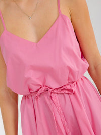 WOMEN'S SLEEVELESS V-NECK ELASTIC WAIST SELF TIE MINI DRESS