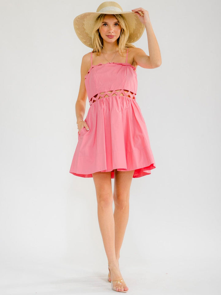 WOMEN'S SLEEVELESS SQUARE NECK FRONT POCKETS SMOCK SELF TIE MINI DRESS