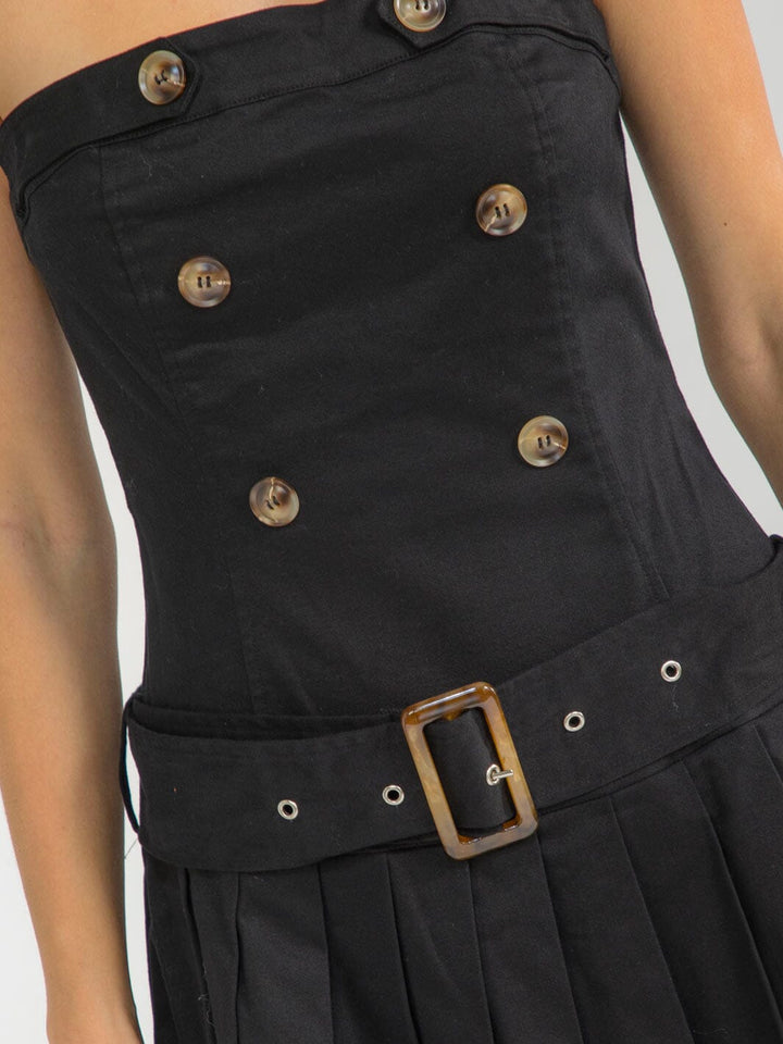 WOMEN'S SLEEVELESS BELTED PLEATED STRETCH DENIM MINI DRESS